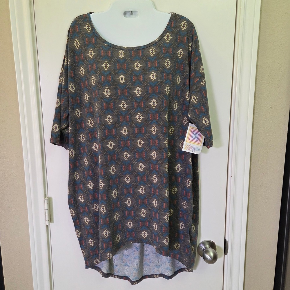 LuLaRoe Irma Tunic Top Medium NWT Southwestern Geometric High Low Grey Blue